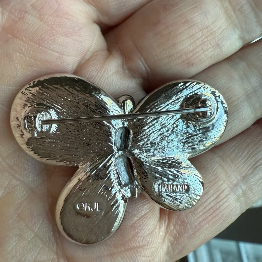 Signed KJL Kenneth Jay Lane Mariposa Crystal Black Enamel Butterfly Brooch